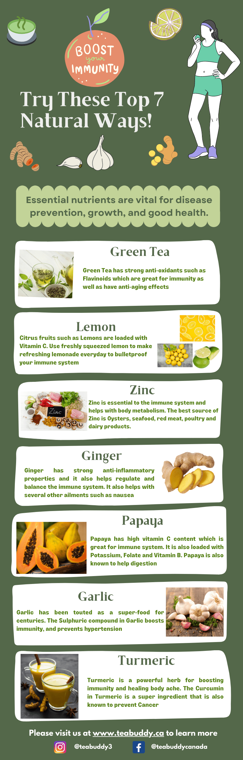 Top-7-Natural-Ways-To-Boost-Immunity. Green Tea, Lemon, Zinc, Ginger, Papaya, Garlic, Turmeric